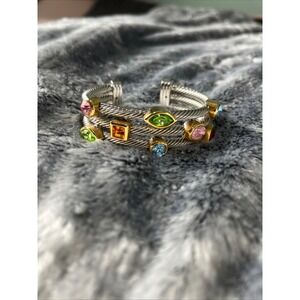 Multi-Strand Cable Cuff Bracelet Silver Gold Tone Multi-Color Crystal Accents